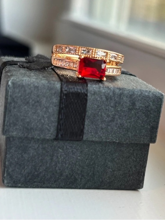 Jewelry - Gold Plated Ruby Red CZ Stacked Ring Size 6 Double Band Baguette & Pave